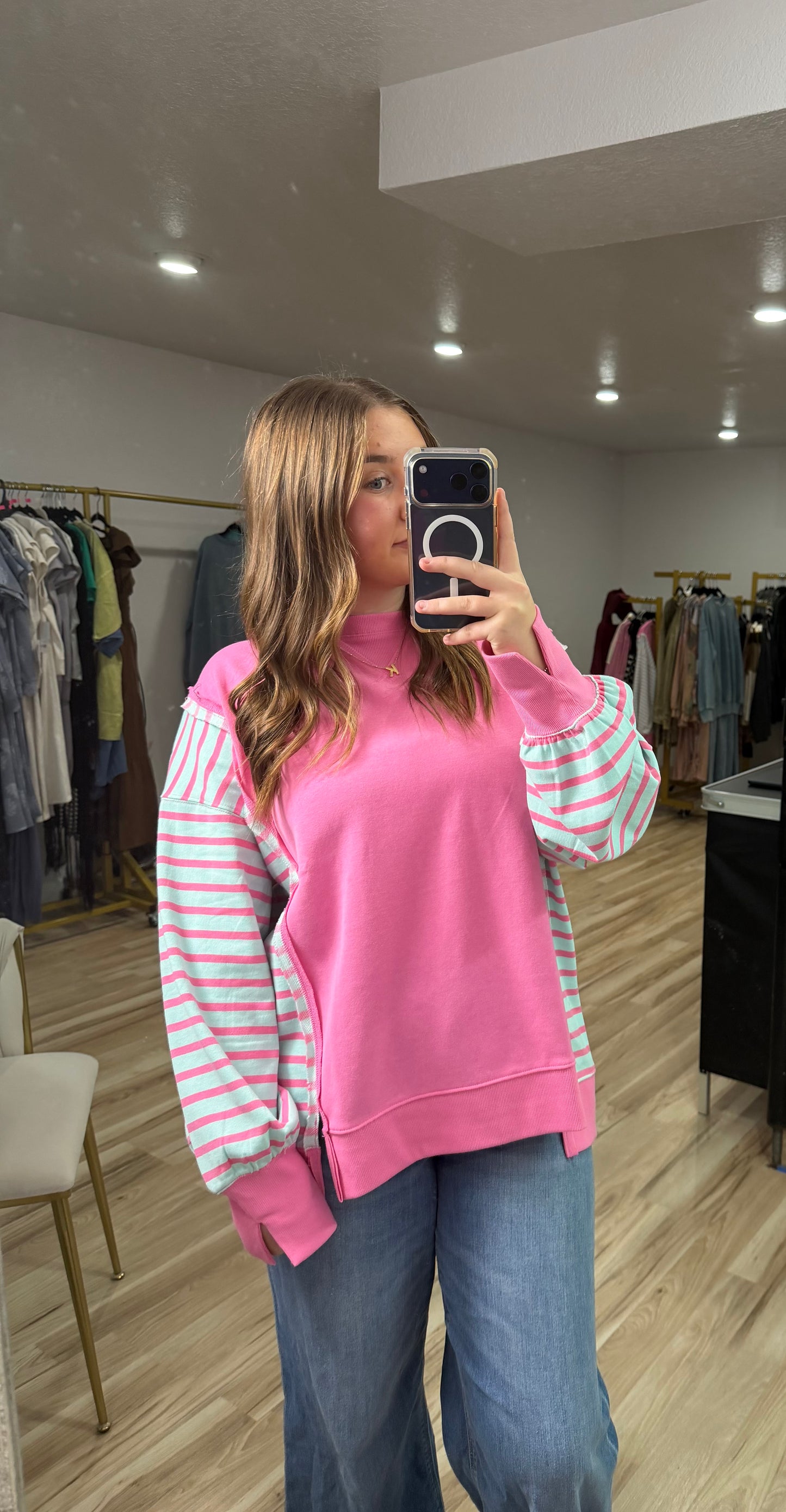 PINK & TEAL STRIPE PULLOVER