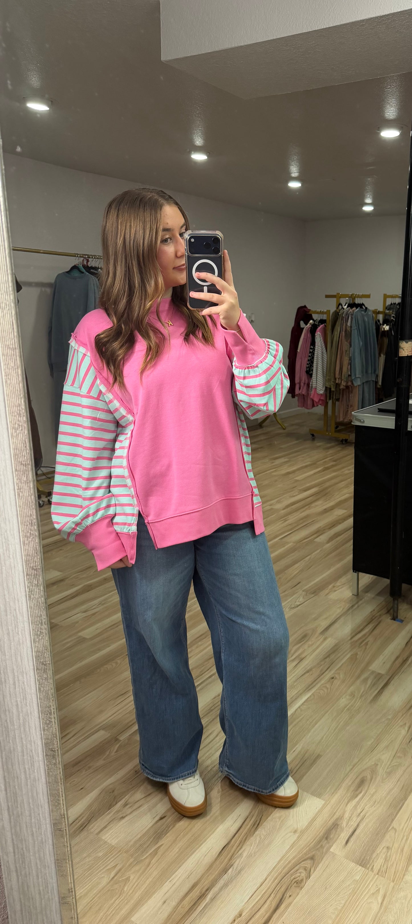 PINK & TEAL STRIPE PULLOVER